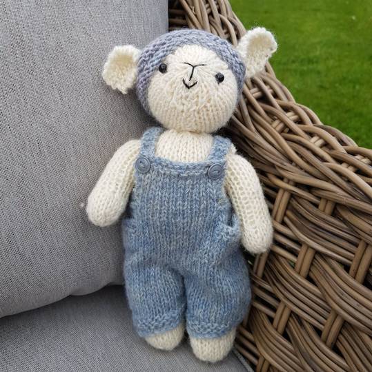 Wool Lamb Teddy - blue overalls with grey hat